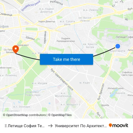 ✈️ Летище София Терминал 1 / Sofia Airport Terminal 1 to Университет По Архитектура, Строителство И Геодезия - Ректорат map