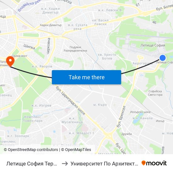 Летище София Терминал 2 / Sofia Airport Terminal 2 to Университет По Архитектура, Строителство И Геодезия - Ректорат map