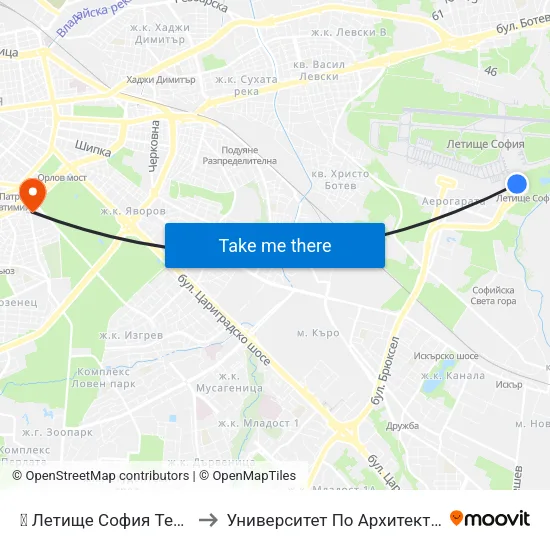 ✈️ Летище София Терминал 2 / Sofia Airport Terminal 2 to Университет По Архитектура, Строителство И Геодезия - Ректорат map