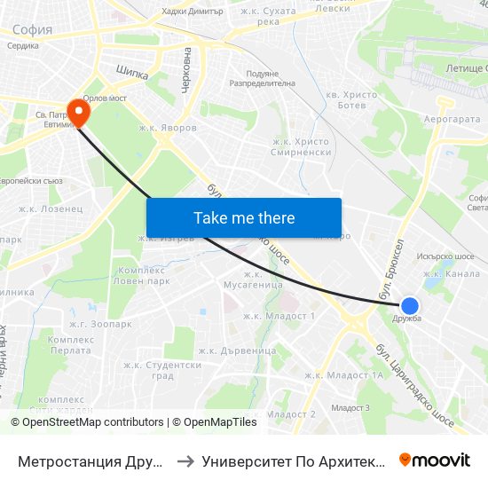 Метростанция Дружба / Druzhba Metro Station (0235) to Университет По Архитектура, Строителство И Геодезия - Ректорат map