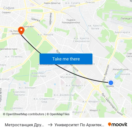 Ⓜ️ Метростанция Дружба / Druzhba Metro Station (0235) to Университет По Архитектура, Строителство И Геодезия - Ректорат map