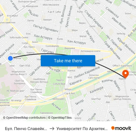Бул. Пенчо Славейков / Pencho Slaveykov Blvd. (0358) to Университет По Архитектура, Строителство И Геодезия - Ректорат map