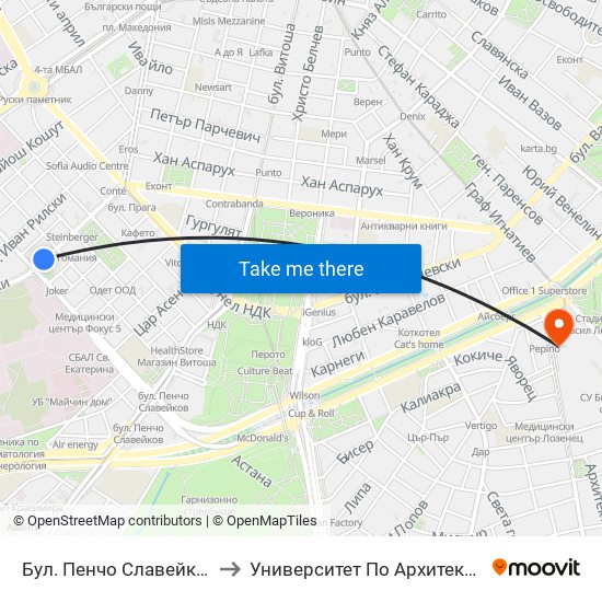 Бул. Пенчо Славейков / Pencho Slaveykov Blvd. (0355) to Университет По Архитектура, Строителство И Геодезия - Ректорат map