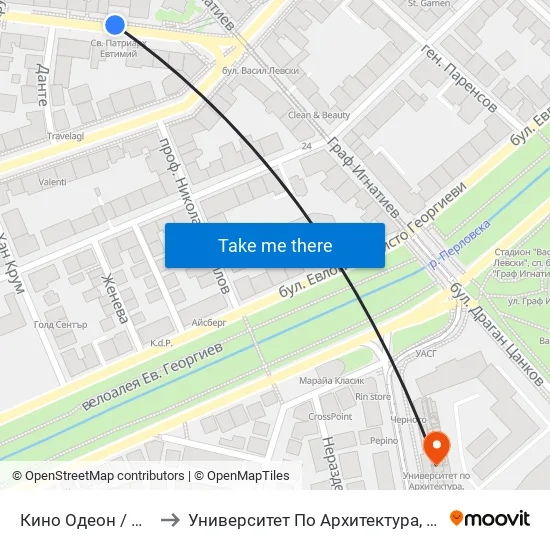 Ⓜ️ Кино Одеон / Odeon Cinema (0926) to Университет По Архитектура, Строителство И Геодезия - Ректорат map