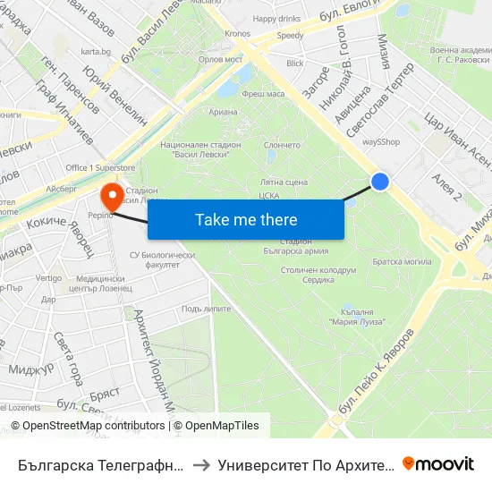 Българска Телеграфна Агенция / Bulgarian News Agency (1394) to Университет По Архитектура, Строителство И Геодезия - Ректорат map