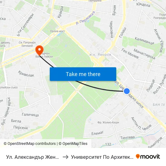 Ул. Александър Жендов / Aleksandar Zhendov Blvd. (1820) to Университет По Архитектура, Строителство И Геодезия - Ректорат map