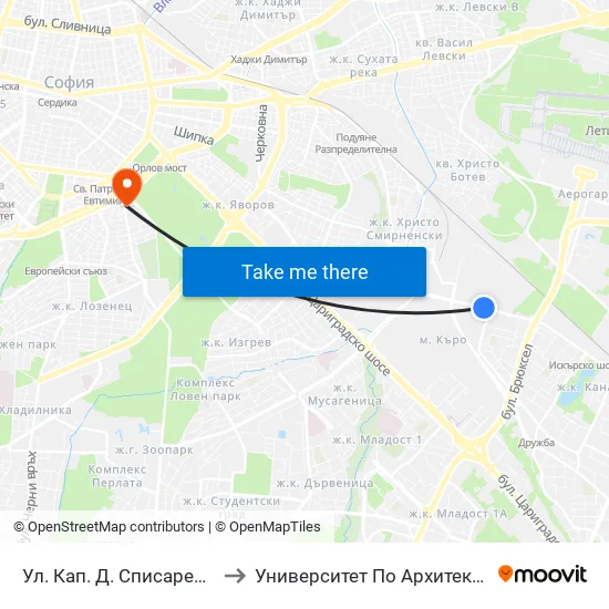 Ул. Кап. Д. Списаревски / Capt. S. Spisarevski St. (1983) to Университет По Архитектура, Строителство И Геодезия - Ректорат map