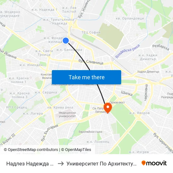 Надлез Надежда / Nadezhda Overpass (2116) to Университет По Архитектура, Строителство И Геодезия - Ректорат map