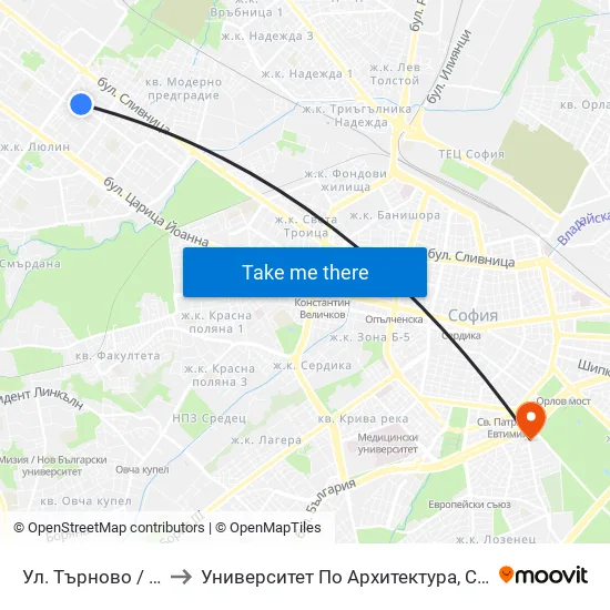 Ул. Търново / Tarnovo St. (2221) to Университет По Архитектура, Строителство И Геодезия - Ректорат map