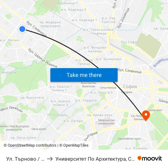 Ул. Търново / Tarnovo St. (2220) to Университет По Архитектура, Строителство И Геодезия - Ректорат map