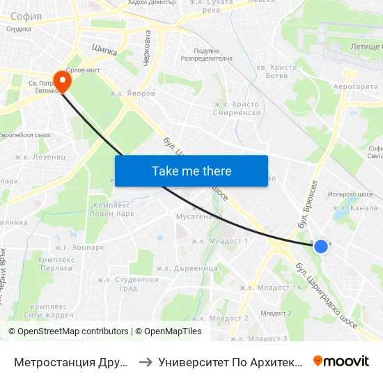 Ⓜ️ Метростанция Дружба / Druzhba Metro Station (2740) to Университет По Архитектура, Строителство И Геодезия - Ректорат map