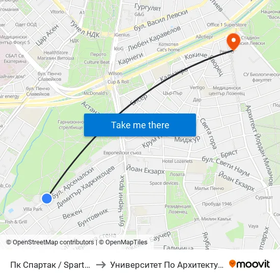 🏊🏻 Пк Спартак / Spartak Swimming Complex (0647) to Университет По Архитектура, Строителство И Геодезия - Ректорат map