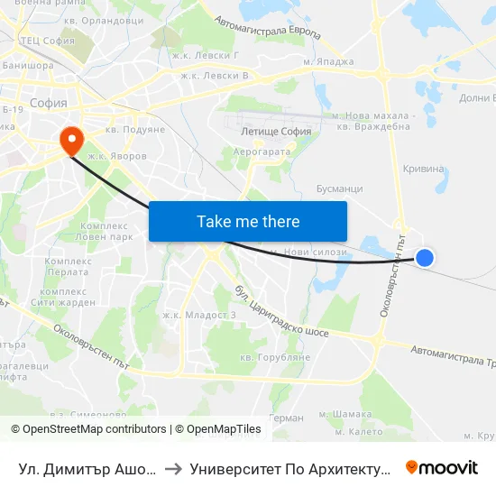 Ул. Димитър Ашов / Dimitar Ashov St. (2757) to Университет По Архитектура, Строителство И Геодезия - Ректорат map