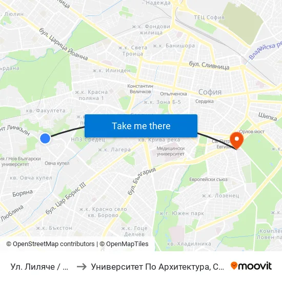 Ул. Лиляче / Lilyache St. (2032) to Университет По Архитектура, Строителство И Геодезия - Ректорат map