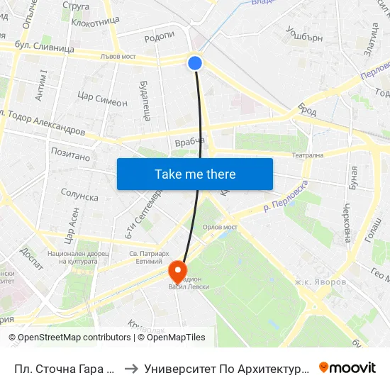 Пл. Сточна Гара / Stochna Gara Sq. (1313) to Университет По Архитектура, Строителство И Геодезия - Ректорат map