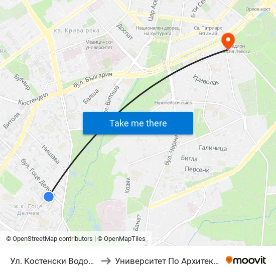 Ул. Костенски Водопад / Kostenski Vodopad St. (2010) to Университет По Архитектура, Строителство И Геодезия - Ректорат map