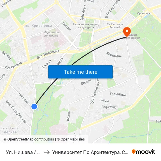 Ул. Нишава / Nishava St. (2062) to Университет По Архитектура, Строителство И Геодезия - Ректорат map