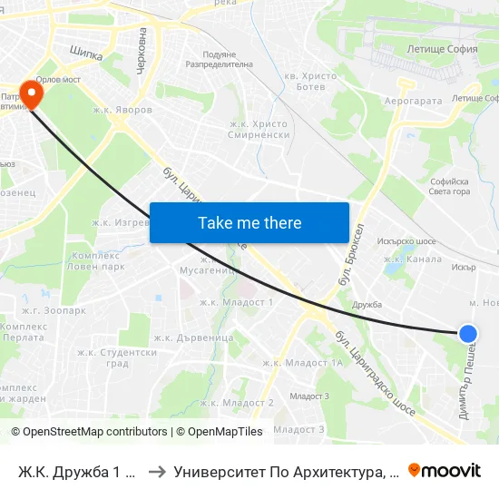 Ж.К. Дружба 1 / Druzhba 1 Qr. (2424) to Университет По Архитектура, Строителство И Геодезия - Ректорат map