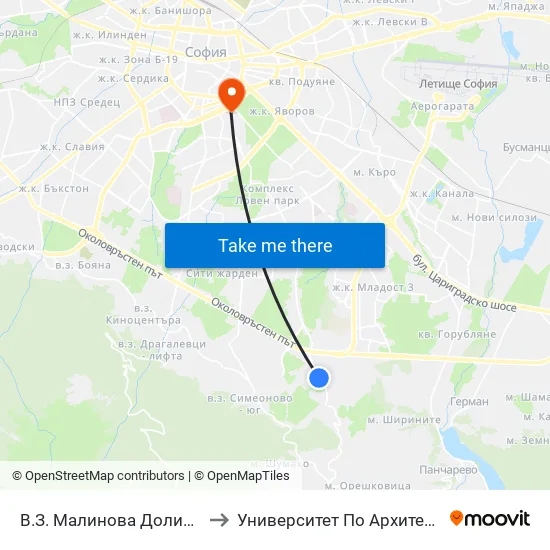 👋 В.З. Малинова Долина / Malinova Dolina Village Zone (2823) to Университет По Архитектура, Строителство И Геодезия - Ректорат map