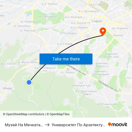 Музей На Мечката / Museum Of the Bear (6067) to Университет По Архитектура, Строителство И Геодезия - Ректорат map