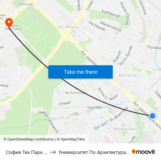 София Тех Парк / Sofia Tech Park (2795) to Университет По Архитектура, Строителство И Геодезия - Ректорат map