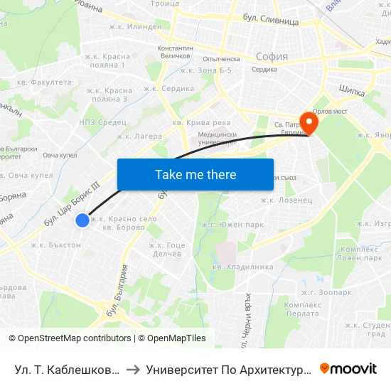 Ул. Т. Каблешков / T. Kableshkov St. (6088) to Университет По Архитектура, Строителство И Геодезия - Ректорат map