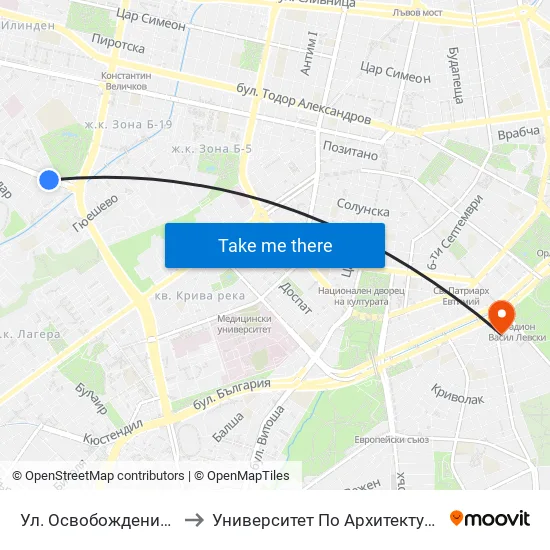 Ул. Освобождение / Osvobozhdenie St. (2098) to Университет По Архитектура, Строителство И Геодезия - Ректорат map