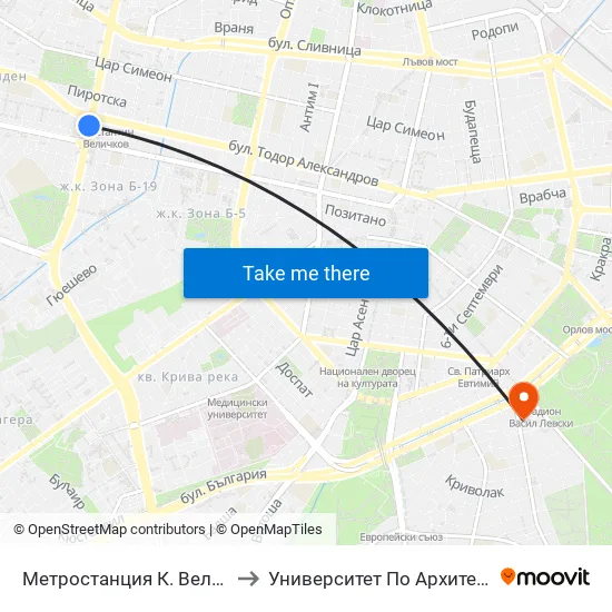 Ⓜ️ Метростанция К. Величков / K. Velichkov Metro Station (1051) to Университет По Архитектура, Строителство И Геодезия - Ректорат map