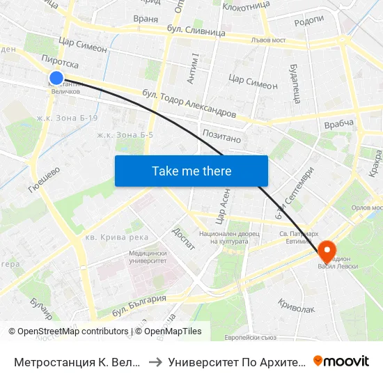 Ⓜ️ Метростанция К. Величков / K. Velichkov Metro Station (1050) to Университет По Архитектура, Строителство И Геодезия - Ректорат map