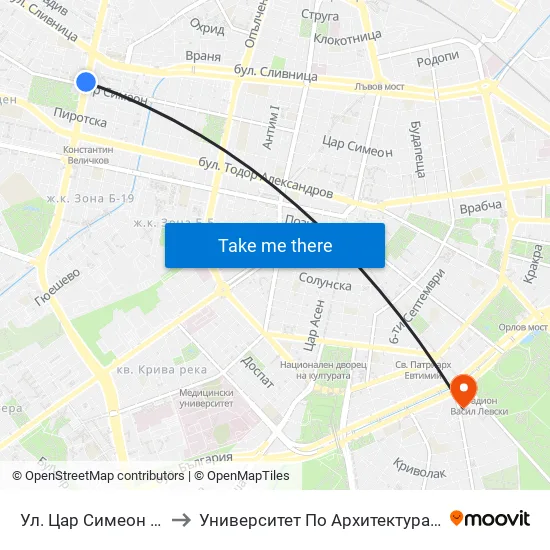 Ул. Цар Симеон / Tsar Simeon St. (2250) to Университет По Архитектура, Строителство И Геодезия - Ректорат map