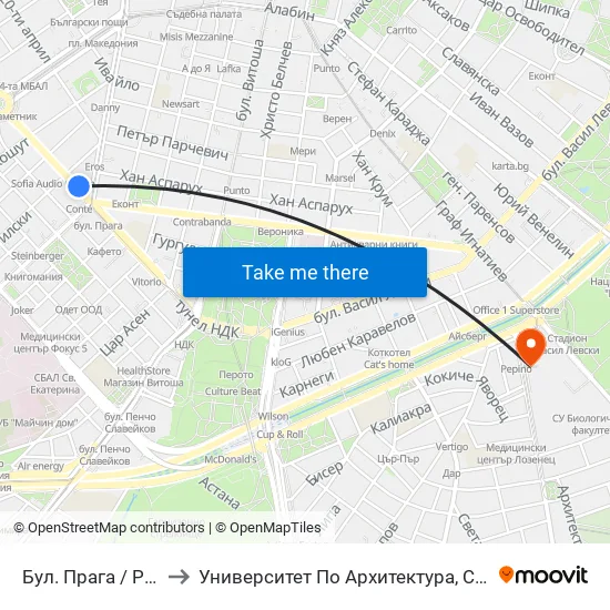 Бул. Прага / Prague Blvd. (0362) to Университет По Архитектура, Строителство И Геодезия - Ректорат map