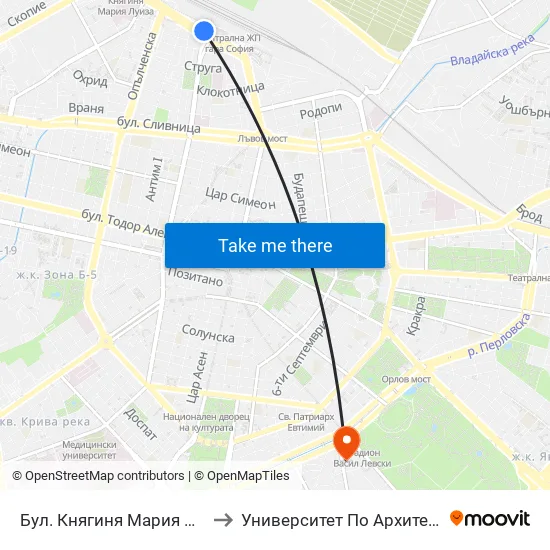 Бул. Княгиня Мария Луиза / Knyaginya Maria Luiza Blvd. (2829) to Университет По Архитектура, Строителство И Геодезия - Ректорат map