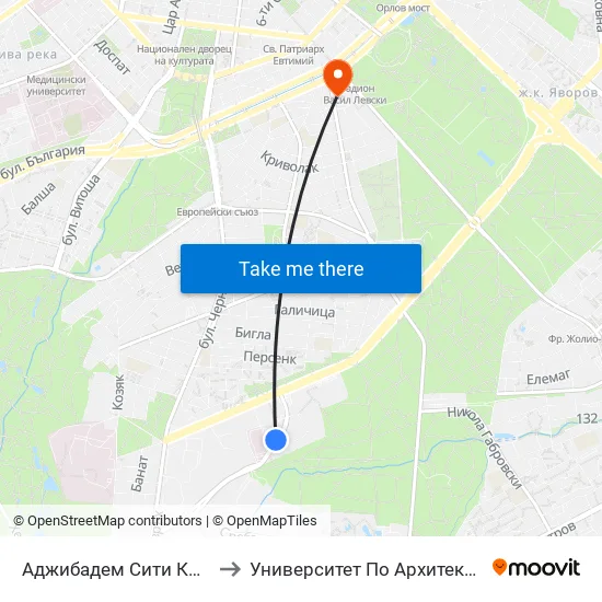 Аджибадем Сити Клиник / Acibadem City Clinic (2778) to Университет По Архитектура, Строителство И Геодезия - Ректорат map