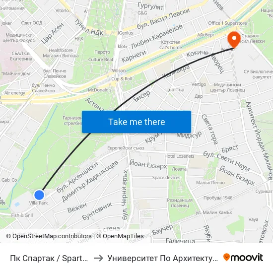 Ж.К. Лозенец / Lozenets Qr. (6639) to Университет По Архитектура, Строителство И Геодезия - Ректорат map