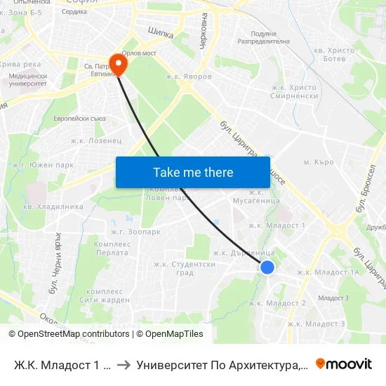 Ж.К. Младост 1 / Mladost 1 Qr. (6616) to Университет По Архитектура, Строителство И Геодезия - Ректорат map