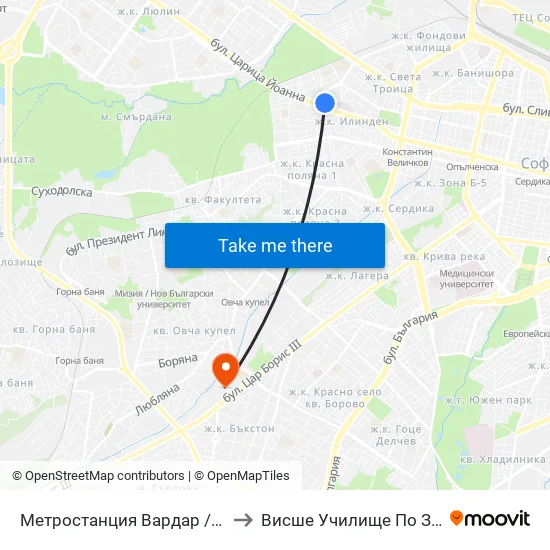 Ⓜ️ Метростанция Вардар / Vardar Metro Station (1047) to Висше Училище По Застраховане И Финанси map