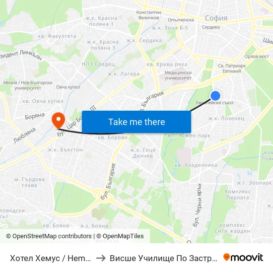 Ⓜ️ Хотел Хемус / Hemus Hotel (2330) to Висше Училище По Застраховане И Финанси map