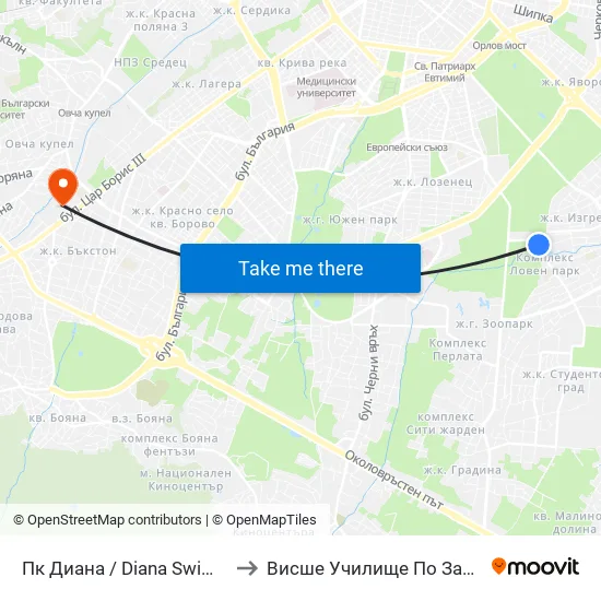 Пк Диана / Diana Swimming Complex (1342) to Висше Училище По Застраховане И Финанси map