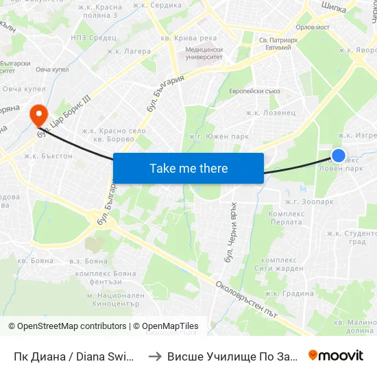Пк Диана / Diana Swimming Complex (1343) to Висше Училище По Застраховане И Финанси map