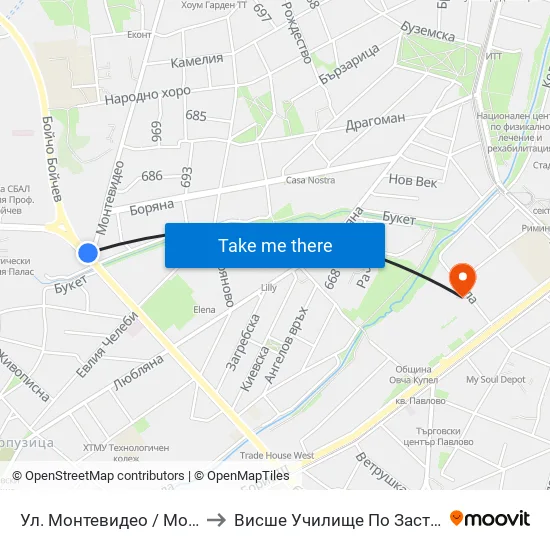 Ул. Монтевидео / Montevideo St. (2049) to Висше Училище По Застраховане И Финанси map