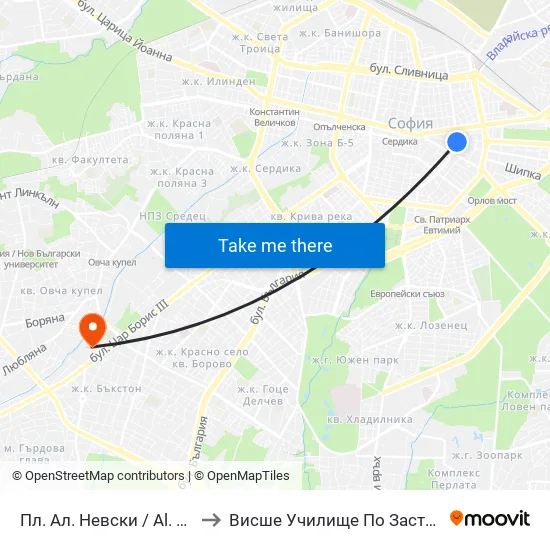 Пл. Ал. Невски / Al. Nevsky Sq. (1264) to Висше Училище По Застраховане И Финанси map