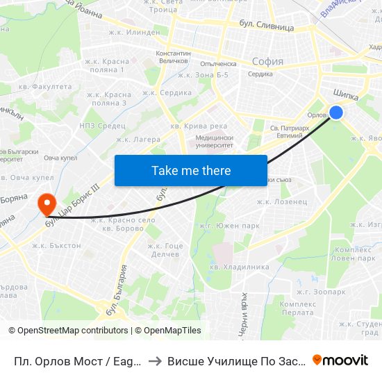 Пл. Орлов Мост / Eagles' Bridge Sq. (1288) to Висше Училище По Застраховане И Финанси map