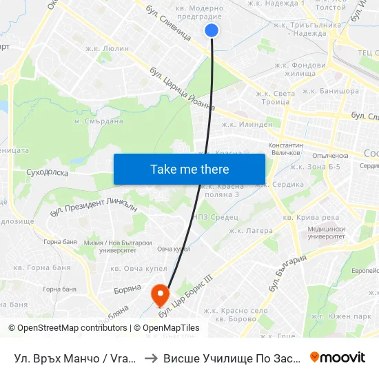 Ул. Връх Манчо / Vrah Mancho St. (1199) to Висше Училище По Застраховане И Финанси map