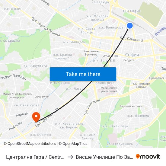 Централна Гара / Central Railway Station (1327) to Висше Училище По Застраховане И Финанси map