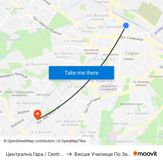 Централна Гара / Central Railway Station (1331) to Висше Училище По Застраховане И Финанси map
