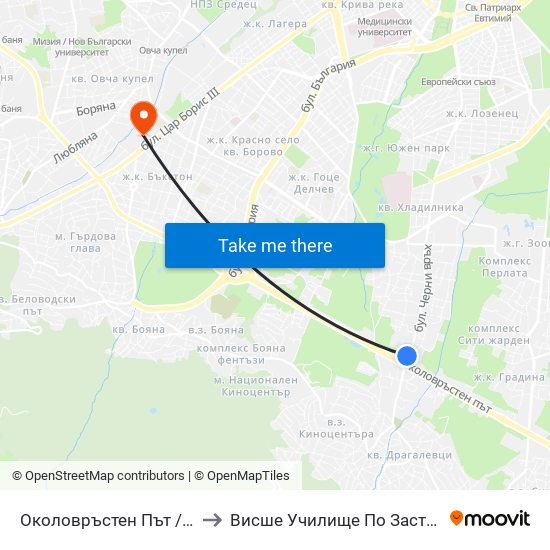 Околовръстен Път / Ring Road (1176) to Висше Училище По Застраховане И Финанси map