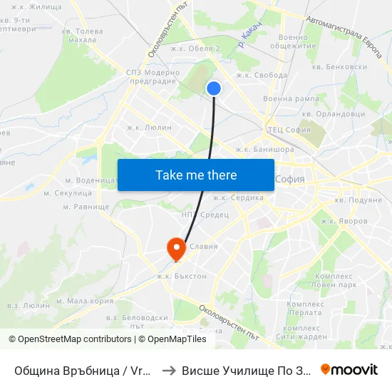 Община Връбница / Vrabnitsa Municipality (0675) to Висше Училище По Застраховане И Финанси map