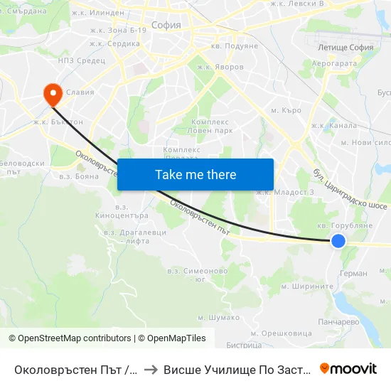 Околовръстен Път / Ring Road (1182) to Висше Училище По Застраховане И Финанси map