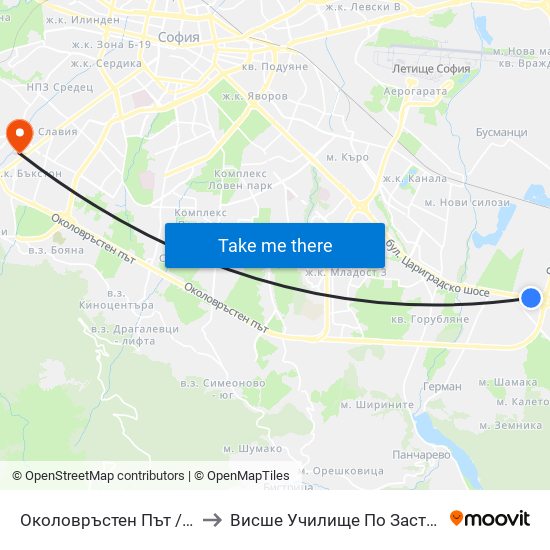 Околовръстен Път / Ring Road (1184) to Висше Училище По Застраховане И Финанси map