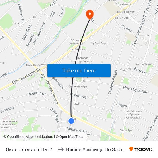 Околовръстен Път / Ring Road (1179) to Висше Училище По Застраховане И Финанси map